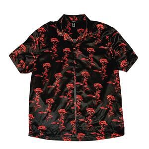 Forever 21 Rose Print Button Up Shirt XL Black Red